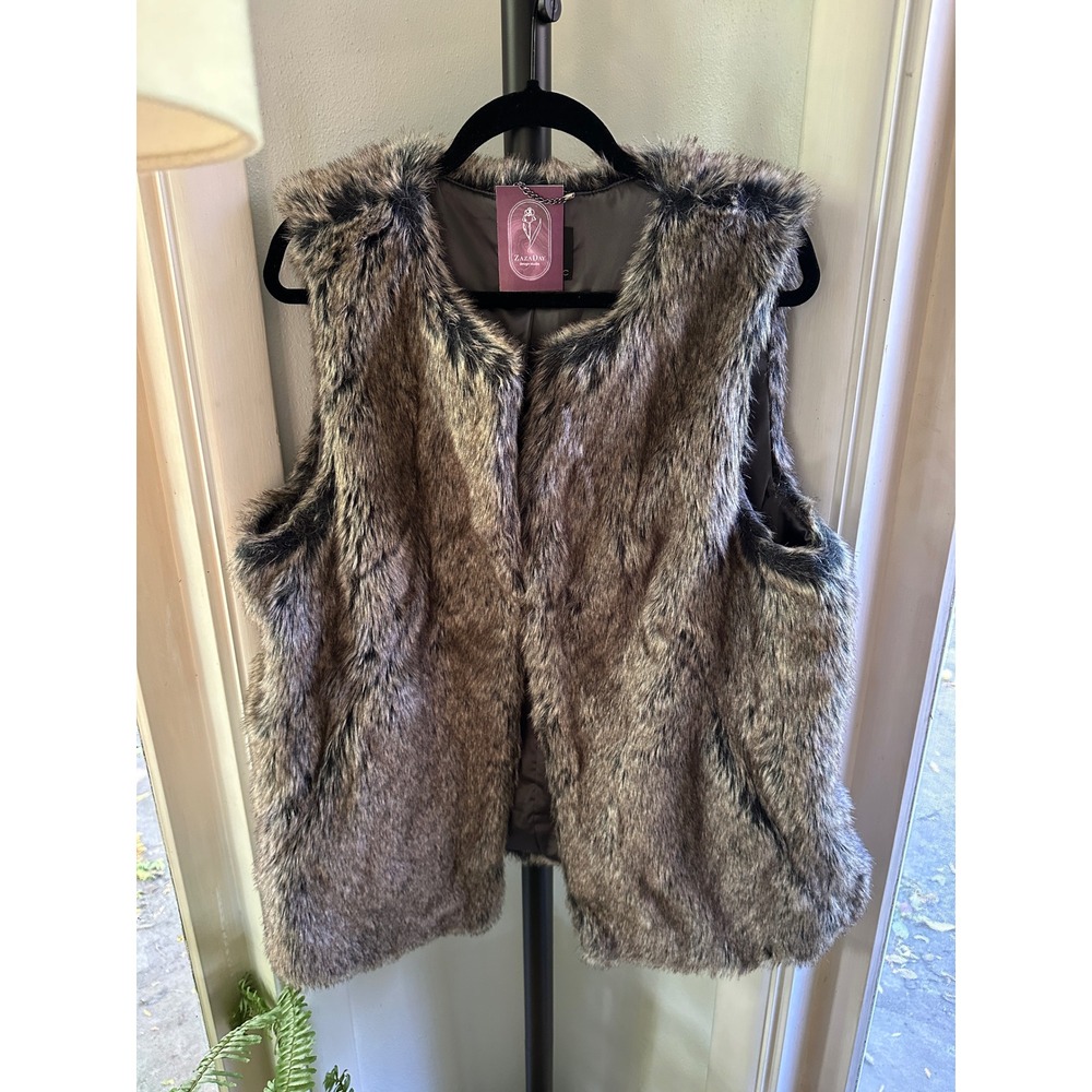 Banana Republic Womens Faux Fur Vest XL Gray Brown Open Front Chain Detail - Picture 2 of 9